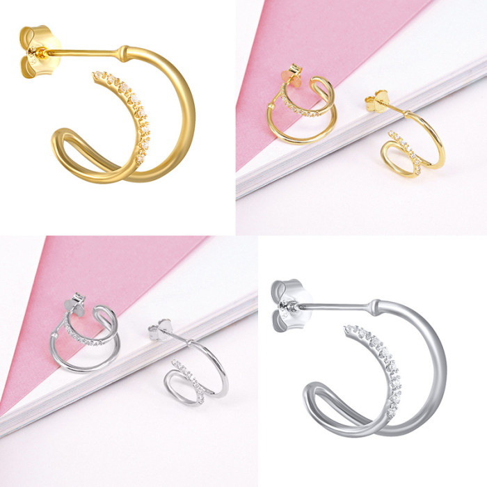 Hot S925 Fashion Trend Earrings Creative INS Style Personality Line Stone-Encrusted Geometric Women's Stud Earrings...