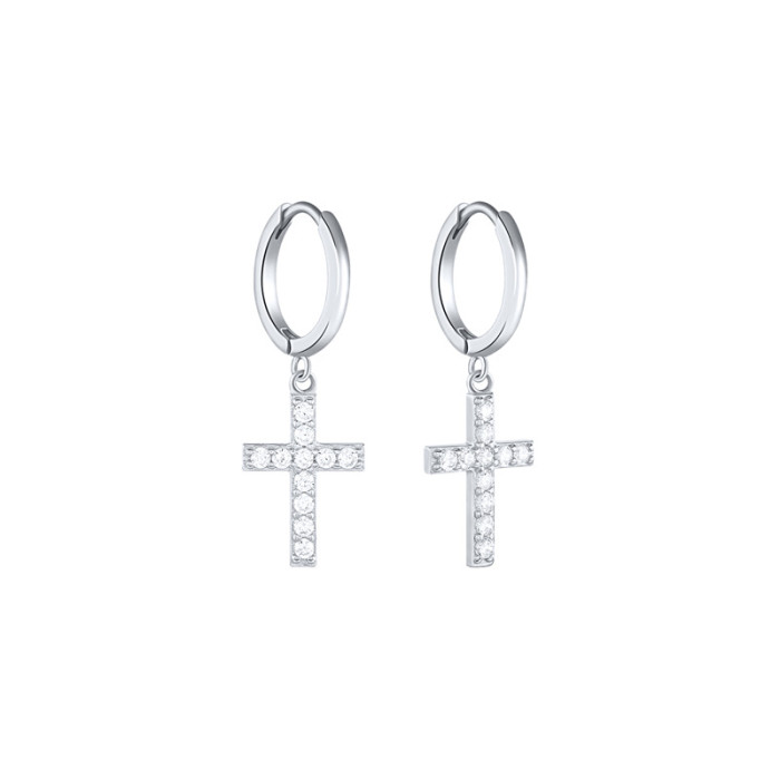 S925 Sterling Silver Cross Earrings Earrings Cross-Border Hot Selling Fashionable Elegant Diamond-Studded Hoop Earrings for Women Light Luxury Exquisite
