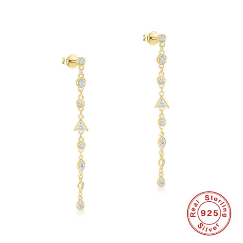 S925 Sterling Silver Elegant Round Triangle Zircon Earrings Ear Thread Korean Style Office Wear Fairy Earrings