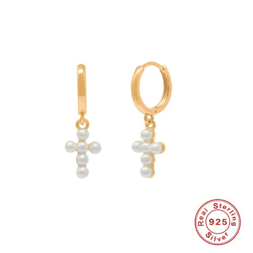 S925 Sterling Silver Cross Luxury Pearl Pendant Hoop Earrings Korean and Japanese Style Trendy Internet Celebrity INS Ear Clips Ear Jewelry