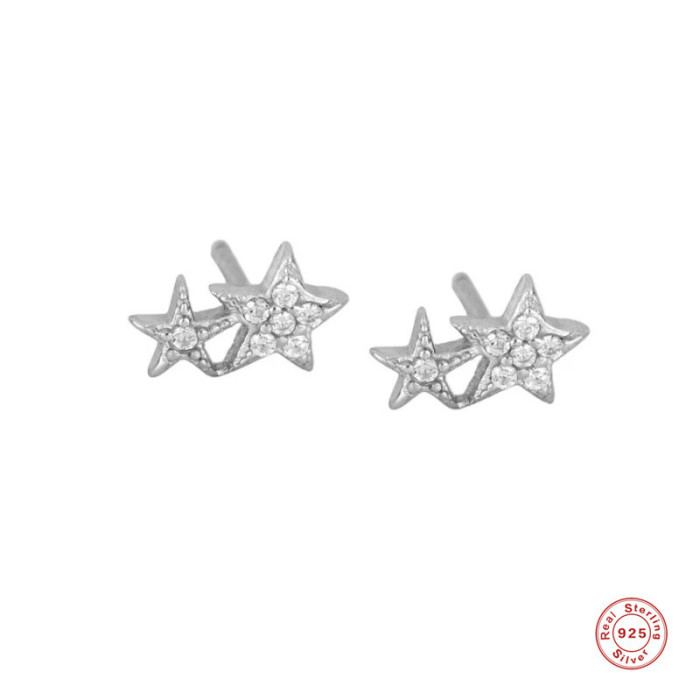 S925 Sterling Silver Large and Small Stone-Studded Five-Pointed Star Earrings Fashionable Simple Creative Style Dia...