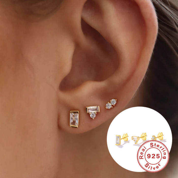 S925 Sterling Silver Fashion Simple 3-Piece Set Asymmetric Earrings Studs Hot-Selling Trendy INS Style Earrings, Jewe...