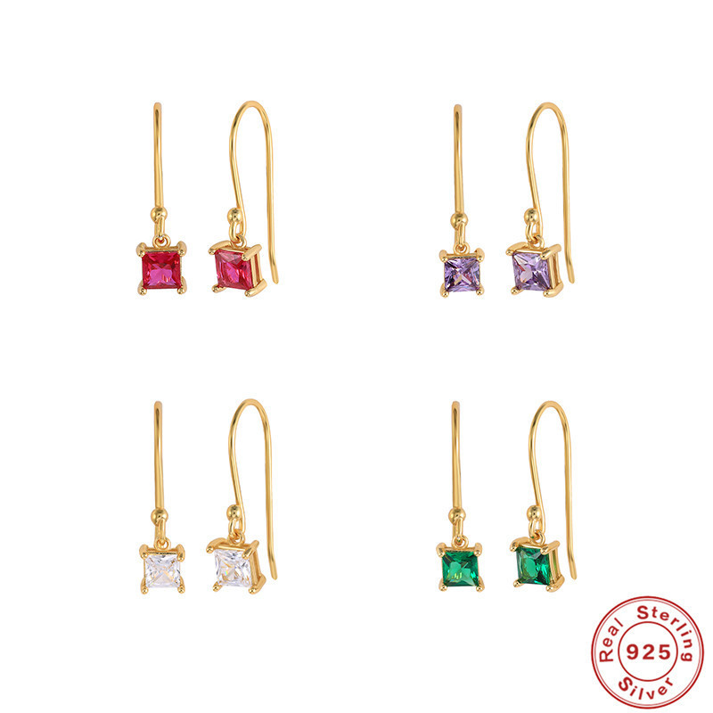 S925 Sterling Silver Square Diamond Pendant U-Shaped Ear Hook Earrings Stud Earrings European and American Hot-Selling French Style Elegant K-Gold Plated Earrings