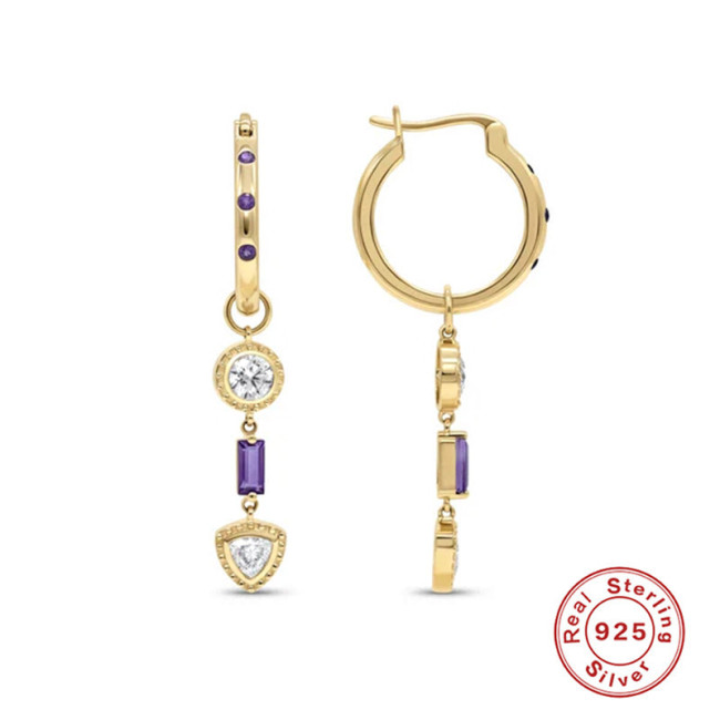 S925 Sterling Silver INS Creative Inlaid Diamond Earrings European and American Personality Amethyst Pendant Purple Romantic Ear Clips Earrings for Women