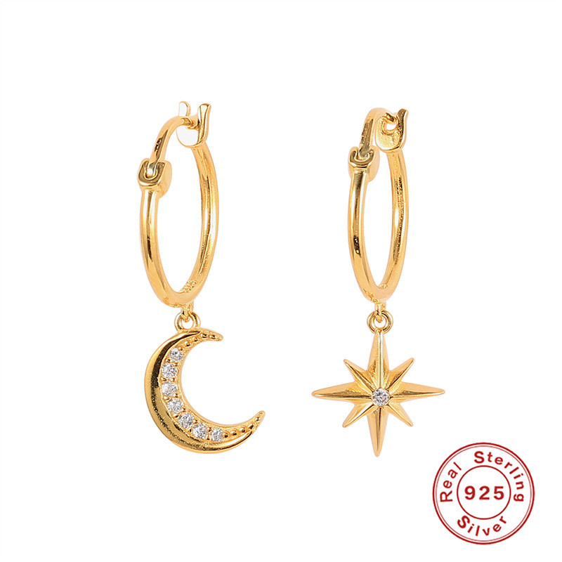 S925 Sterling Silver Star Moon Earrings Korean and Japanese Style Personality Trendy Creative Ear Clips Minimalist Style Women's Accessories