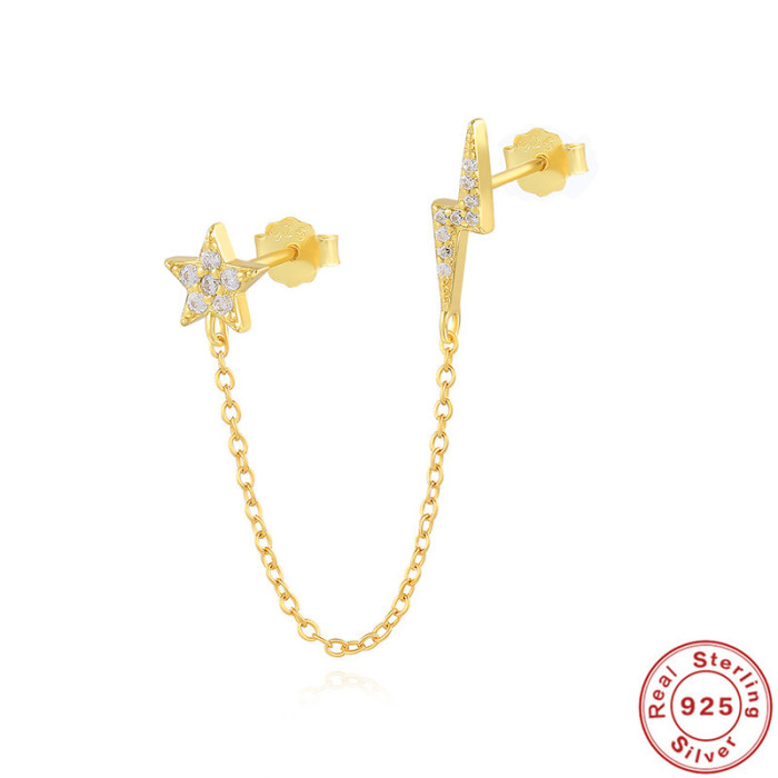 S925 Sterling Silver Star Lightning Stone-Inlaid Chain Earrings Korean and Japanese Style High-end Double Earrings...