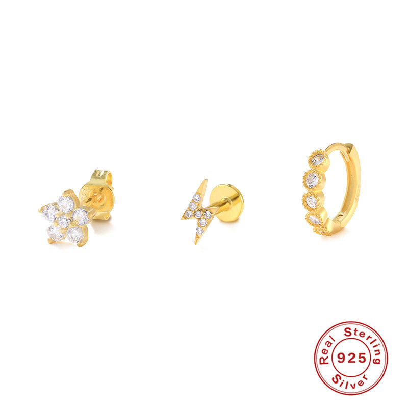 S925 Sterling Silver Classic Personality Lightning Flower Inlaid Diamond Set Earrings Studs European and American Cross-Border Hot Selling Piercing Studs