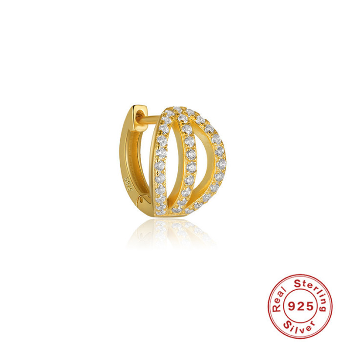 S925 Sterling Silver Hollow Three-Row Inlaid Diamond Multi-Layer Ear Clip Ear Cuff Earrings European and American Trendy INS Style Creative Ear Jewelry