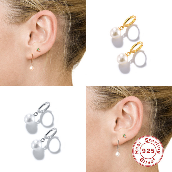S925 Sterling Silver Minimalist Smooth Pearl Earrings Hoop Earrings Ear Clips Earrings Japanese Korean INS Design Imitation Pearl Earrings