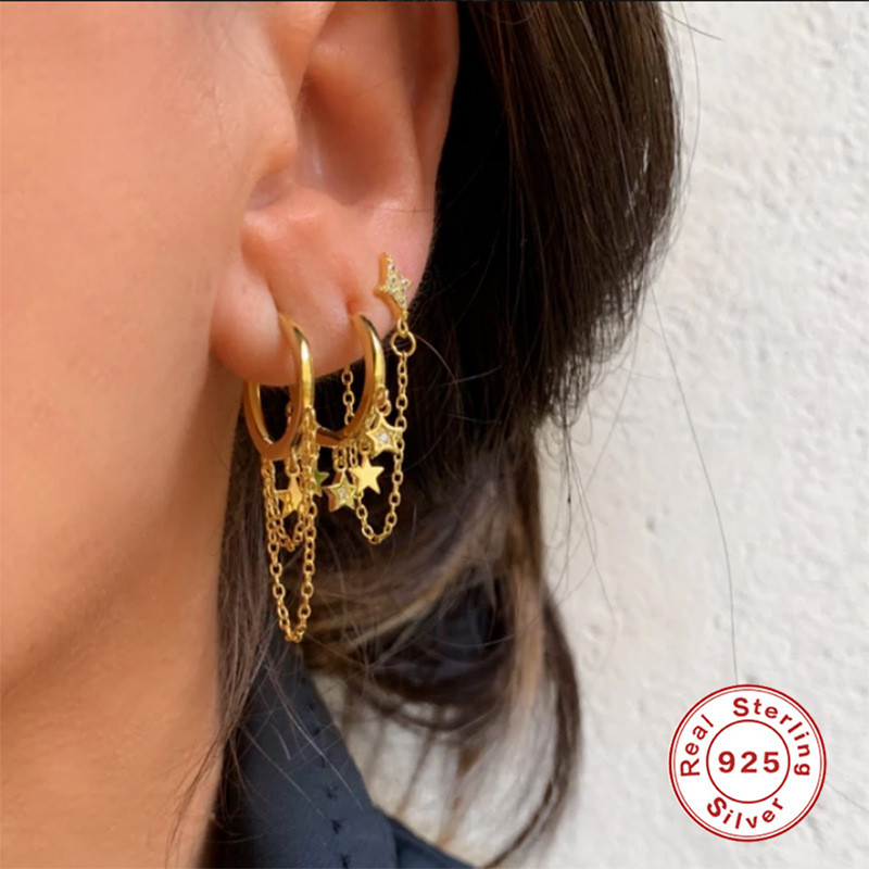 S925 Sterling Silver Chain Five-Pointed Star Pendant Design Sense Hoop Earrings Ear Clips European and American Fashion Trend INS Earrings Ear Jewelry