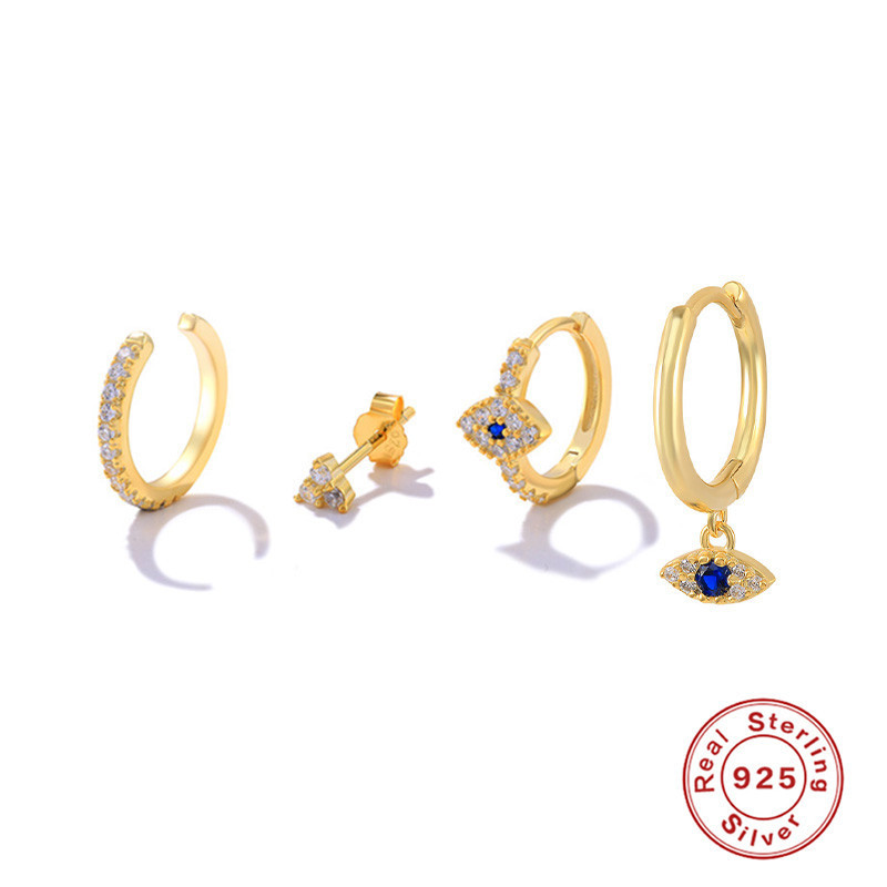 S925 Sterling Silver Diamond-Encrusted High-End Earrings Demon Eye Ear Studs Earrings Set European and American INS Layering Accessories