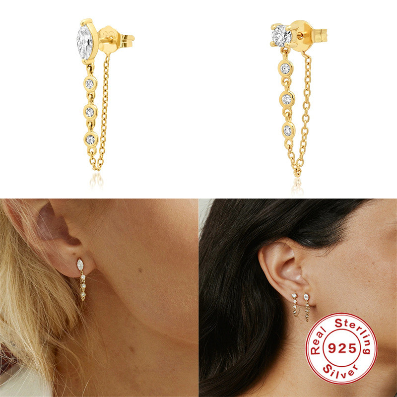 S925 Sterling Silver Round Water Drop Inlaid Diamond Chain Connected Tassel Earrings European and American French Minimalist Style Earrings for Women
