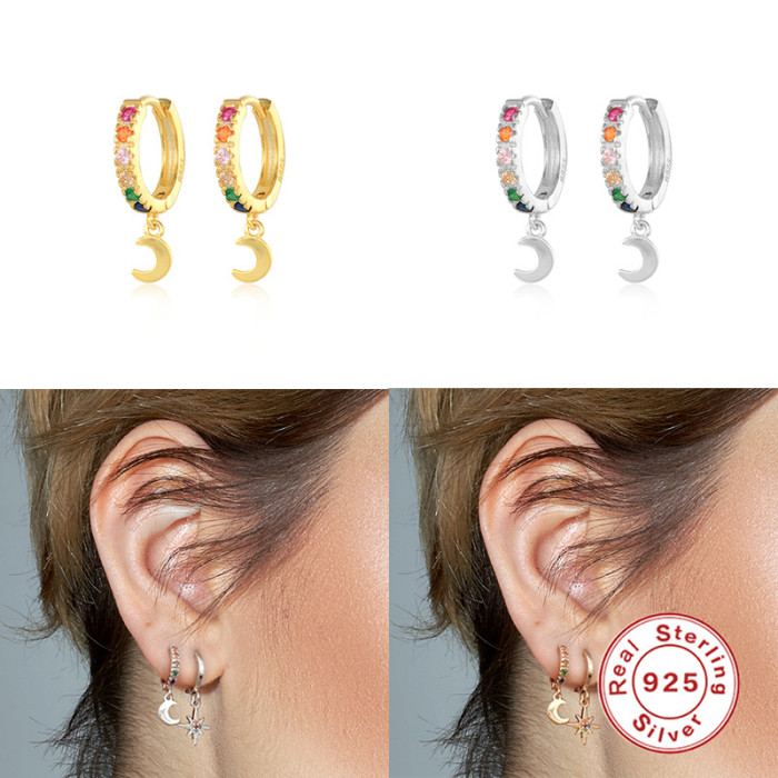 S925 Sterling Silver INS Color Diamond Crescent Moon Pendant Earrings European and American Hot Selling Light Luxury Fashion Versatile Creative Hoop Earrings