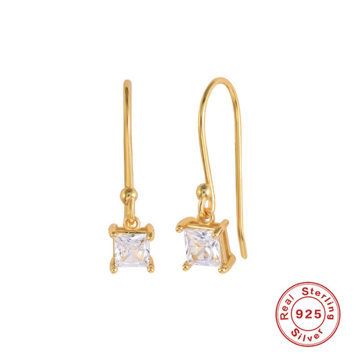S925 Sterling Silver Square Diamond Pendant U-Shaped Ear Hook Earrings Stud Earrings European and American Hot-Selling French Style Elegant K-Gold Plated Earrings
