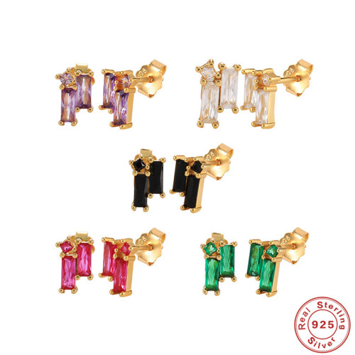 S925 Sterling Silver Rectangular Diamond Stud Earrings Internet Celebrity Live Streaming Trendy Gold Jewelry European and American Hot Selling INS Style Earrings
