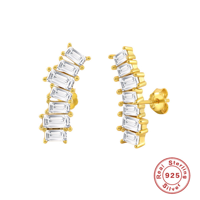 S925 Sterling Silver Rectangular Zircon Baguette Earrings for Women, Korean and Japanese Style Light Luxury Single Row Diamond Stud Earrings