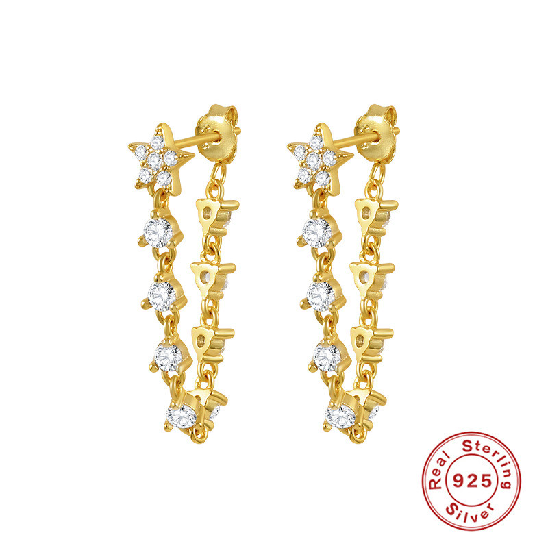 S925 Sterling Silver Personality Tassel Inlaid Diamond Five-Pointed Star Earrings European and American Cross-Border Hot-Selling Ins Trend Earrings for Women