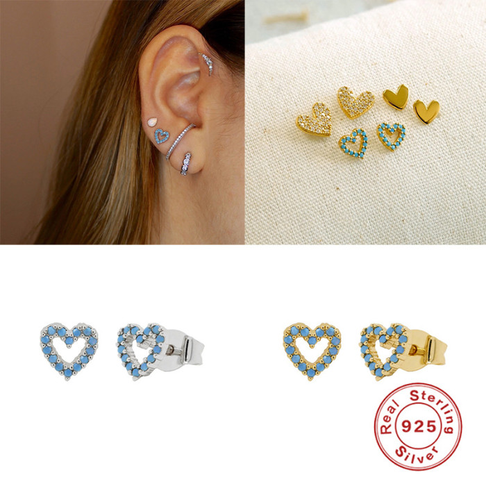 S925 Sterling Silver Simple Turquoise Heart Versatile Earrings Korean and Japanese Niche Design Mini Earrings