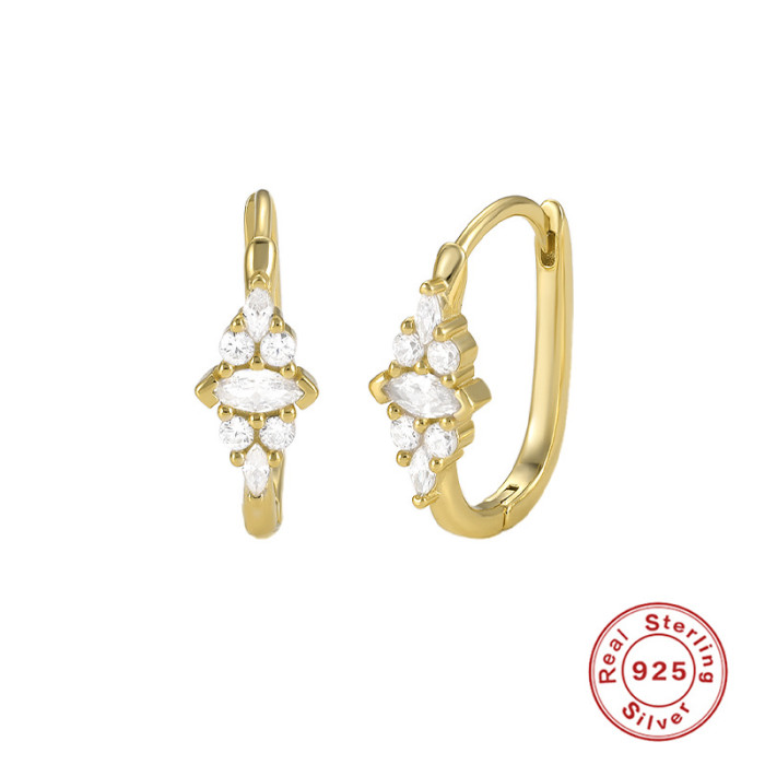 S925 Sterling Silver Line Curved Petal Stone-Inlaid Earrings Hoop Earrings Hot Selling Light Luxury Creative Geomet...