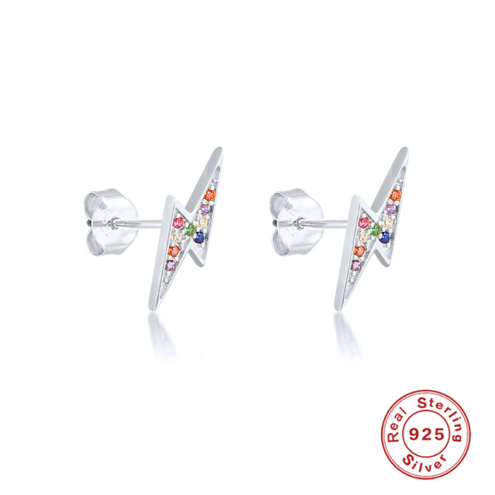 S925 Sterling Silver Micro Pave Colored Stone Stud Earrings Hot Selling Simple Geometric Lightning Earrings Versati...