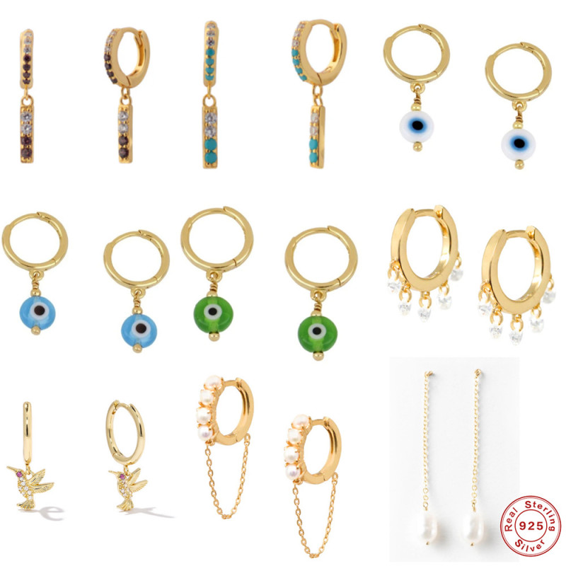 S925 Sterling Silver Geometric Diamond-Encrusted Devil's Eye Hoop Earrings European and American Hot Selling INS Temperament Classic Pearl Earrings