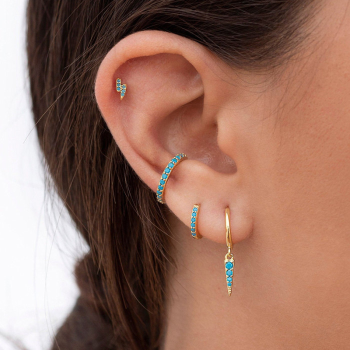 S925 Sterling Silver High-End Turquoise Lightning Stud Earrings Hoop Earrings Clip-On Earrings Versatile Set European and American Hot-Selling Earrings