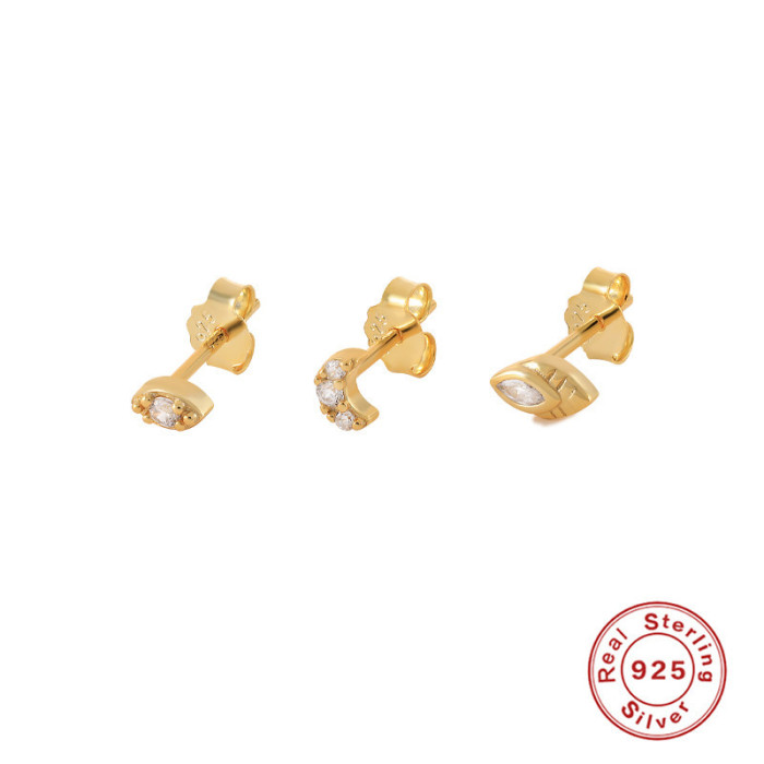 S925 Sterling Silver Simple Moon Horse Eye Inlaid Diamond Earrings 3-Piece Set Korean INS Minimalist Niche Light Earrings for Women