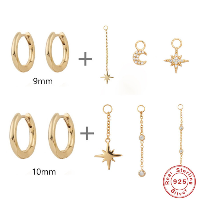 S925 Sterling Silver Simple Hoop Earrings Geometric Star Moon Tassel Small Pendant Korean and Japanese INS Style Diamond-Studded Mixed Accessories Earrings