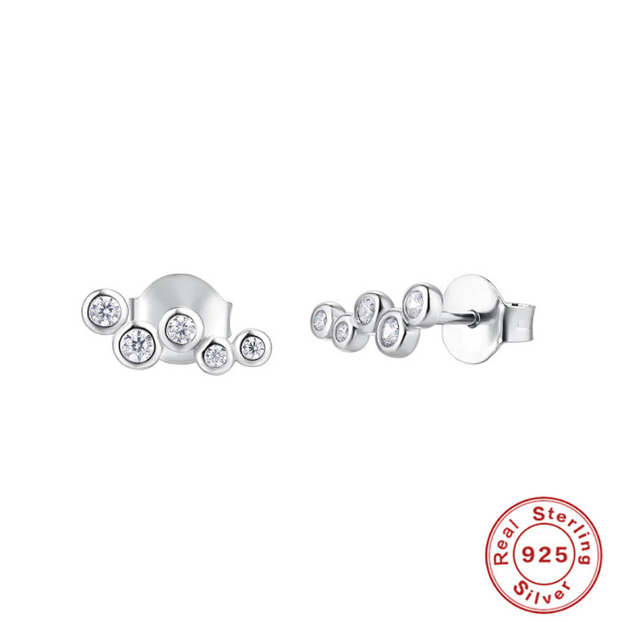 S925 Sterling Silver Cluster Single Row Round Diamond Stud Earrings Korean and Japanese Hot Selling Light Luxury Niche High-end Earrings for Women