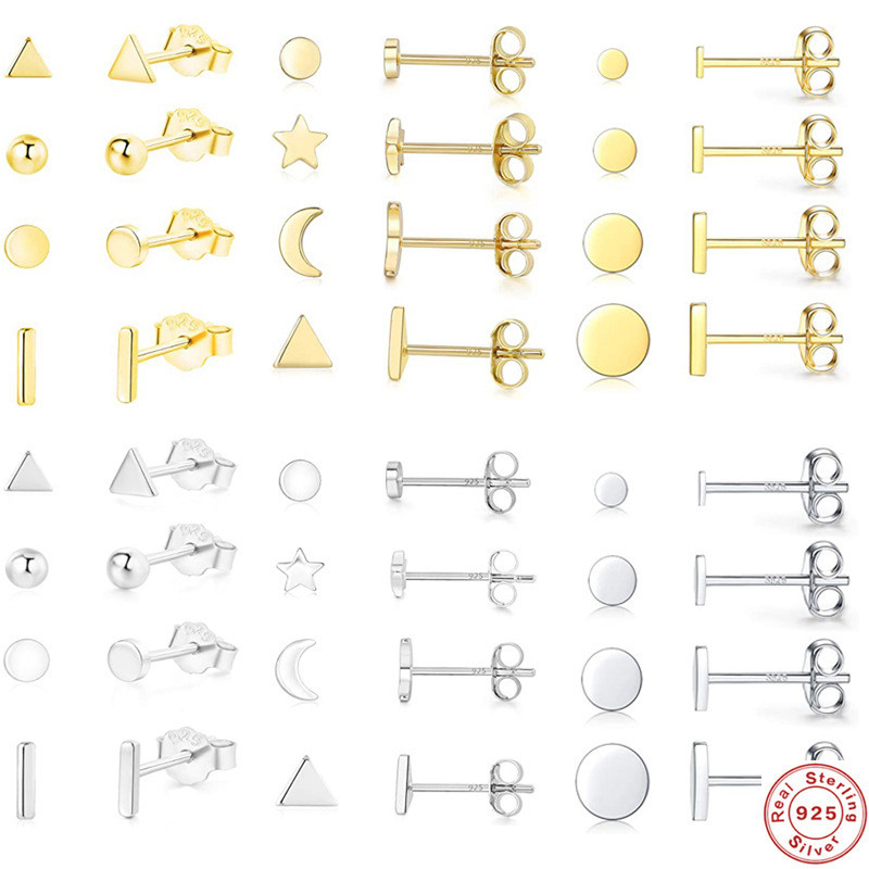 S925 Sterling Silver Geometric Triangle Small Gold Star Moon Combination Earrings Stud Earrings Smooth Minimalist Four-Piece Set Earrings for Women