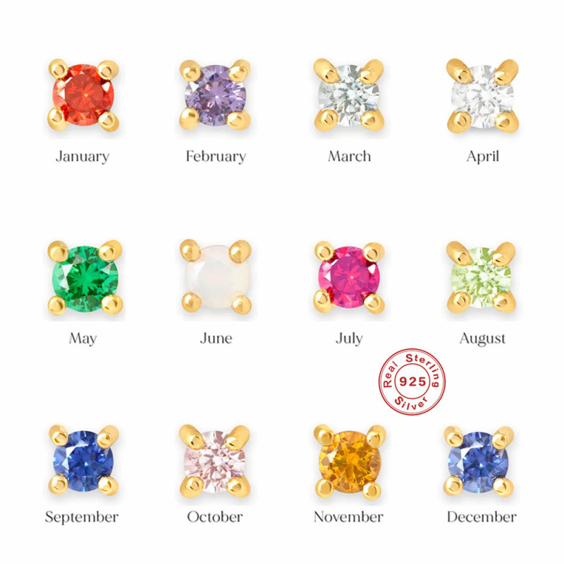 S925 Sterling Silver Four-Prong Zircon Earrings Mini Colored Diamond Birthstone New Couple Earrings