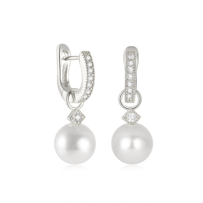 S925 Sterling Silver Light Luxury Socialite Pearl Inlaid Diamond Hoop Earrings Korean Style Elegant Office Wear Earrings