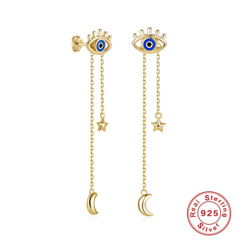 S925 Sterling Silver Chain Tassel Angel Eye Earrings Star Moon Drop Earrings Jewelry European and American New Enamel Earrings