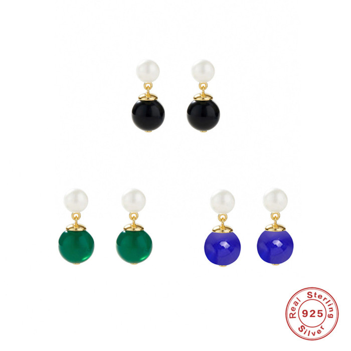 New S925 Sterling Silver Personality Versatile Pearl Chalcedony Earrings Studs European American French Style Elegant...