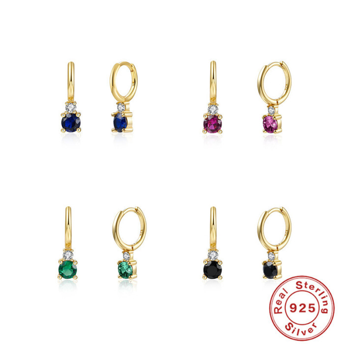 S925 Sterling Silver Four-Prong Inlaid Diamond Celi French Earrings Colorful Zircon Earrings Hoop European and American Hot-Selling Creative INS Earrings