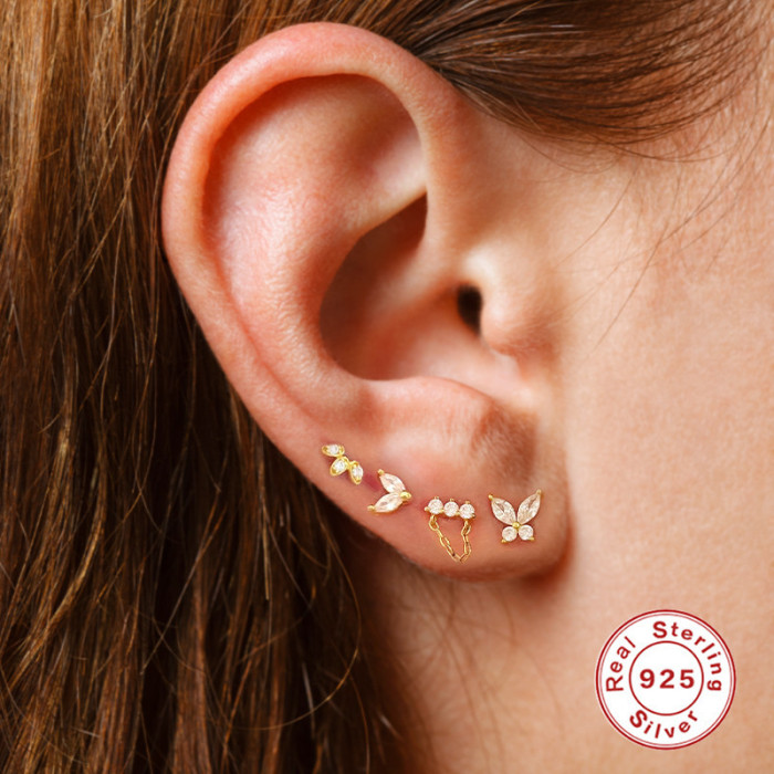 S925 Sterling Silver Butterfly Horse Eye Geometric Stud Earrings Ear Thread Earrings Set French Style Stone-Encrust...