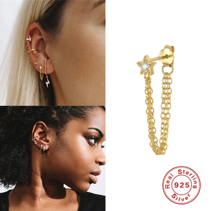 New S925 Sterling Silver Double Chain Inlaid Diamond Five-Pointed Star Earrings for Women, Korean and Japanese Style, Light Luxury, Niche, High-End Feel Earrings