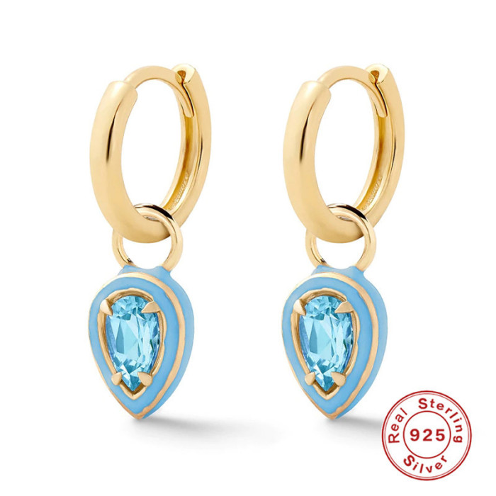 S925 Sterling Silver Cocktail HUGGY Colorful Enamel Earrings Hoop European and American Cross-Border Bestselling Water Drop Diamond-Studded Earrings