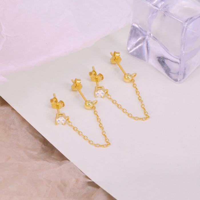 S925 Sterling Silver Simple Pearl Chain Round Diamond Stacked Tassel Earrings Ear Thread Earrings Internet Celebrity...