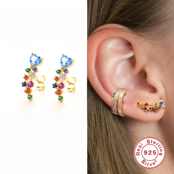 S925 Sterling Silver Personalized Colorful Stone-Inlaid Earrings Studs Trendy Light Luxury INS Simple Versatile Ear...