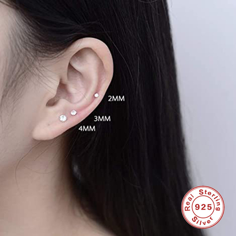 S925 Sterling Silver Four-Prong Inlaid Stud Earrings Korean and Japanese Style Personality INS Diamond-Encrusted Petite Mini European and American Hot-Selling Earrings