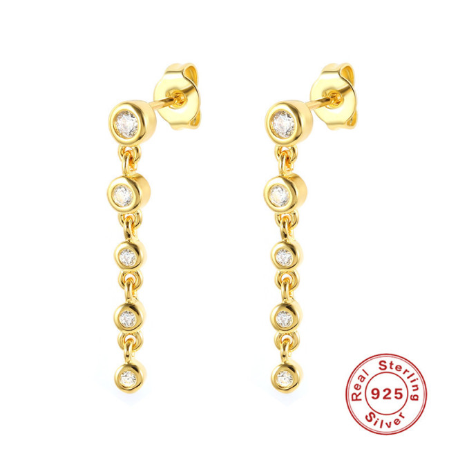 S925 Sterling Silver One-word Tail Chain Diamond-studded Earrings Ear Jewelry European and American Creative Versatile Simple Zircon Micro-inlaid Ear Stud Accessories