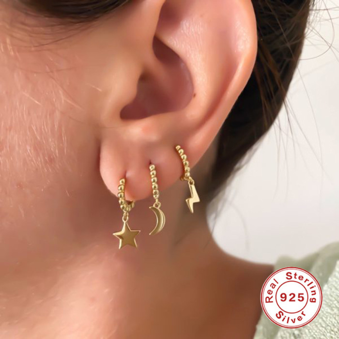 S925 Sterling Silver Geometric Minimalist Pentagram Round Hoop Earrings for Women European and American Trendy Light Luxury INS Ear Clips Earrings