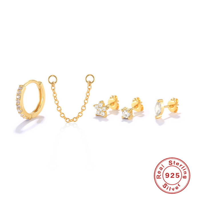 S925 Sterling Silver European and American Fashion Ins Personality Outfit Earrings Ear Studs Ear Clips Set Japanese and Korean Style K Gold Plated Earrings