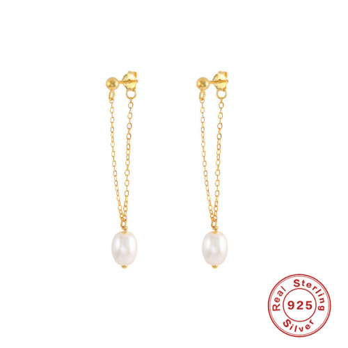 S925 Sterling Silver Pearl Tassel Earrings Stud Earrings Korean French INS Light Luxury Niche High-end Chain Earrings