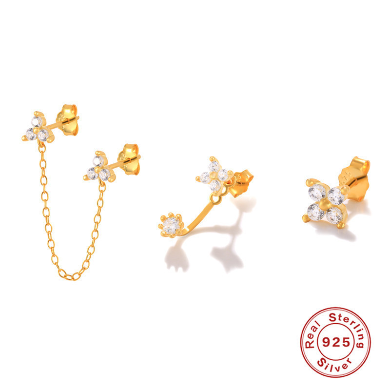 S925 Sterling Silver Flower Triangle Stud Earrings with Diamond Inlay Ear Line Combination Set European and American INS Style Personality Wearable Earrings