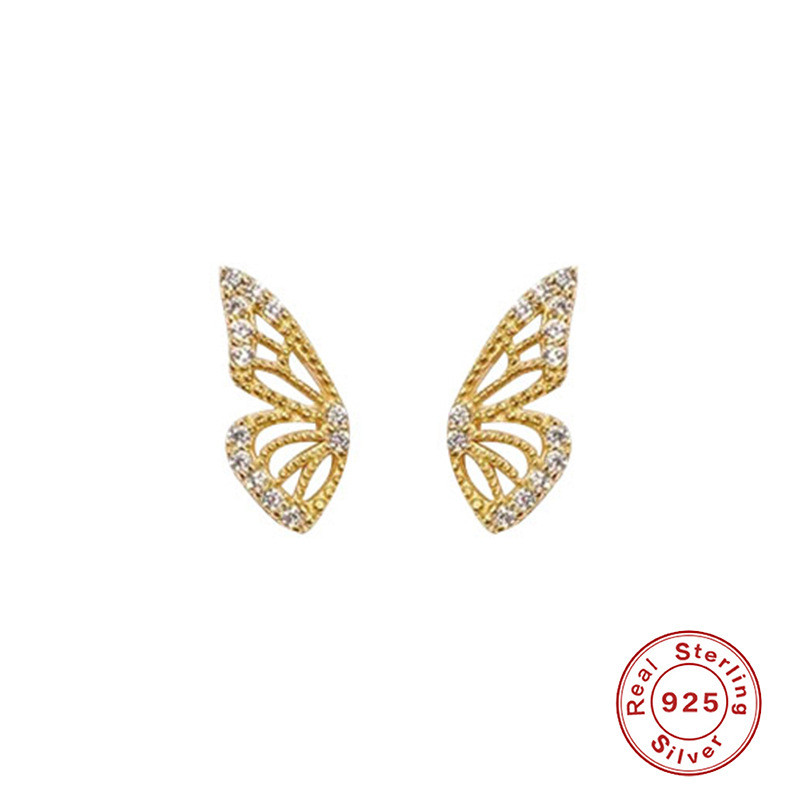 S925 Sterling Silver Fun Butterfly Inlaid Diamond Stud Earrings Korean and Japanese Style Personality INS K Gold Plated Light Luxury Women's Earrings
