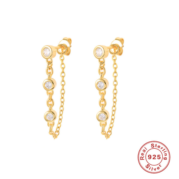 S925 Sterling Silver INS Style Stone-Studded Chain Earrings Versatile Ear Clips Bestselling Fashion Chain Earrings