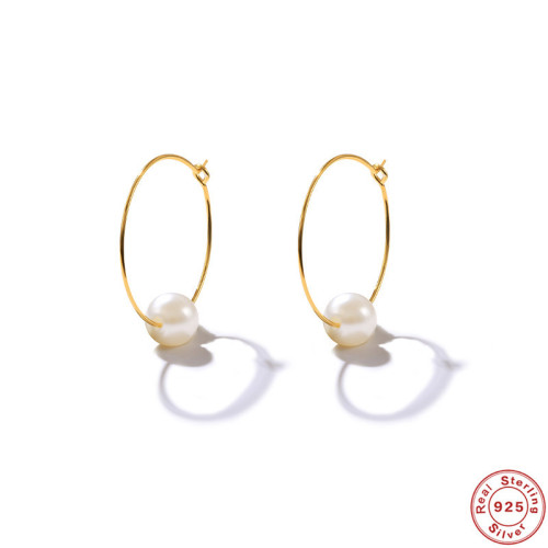 S925 Sterling Silver Simple Pearl Round Hoop Earrings Korean Style INS Minimalist Socialite Cool Earrings Office Accessories