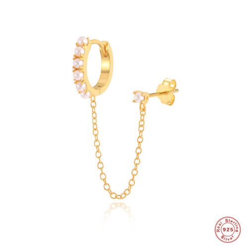 S925 Sterling Silver INS Style Pearl Chain Irregular Hoop Earrings Stud Earrings Thread Earrings Korean and Japanese Light Luxury Trendy Earrings